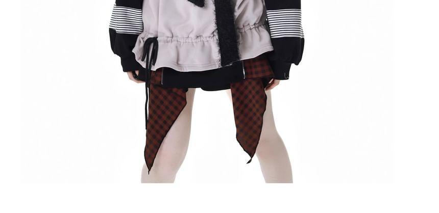 Long Sleeve Striped Applique Hood Asymmetrical Top with Necktie Product Image
