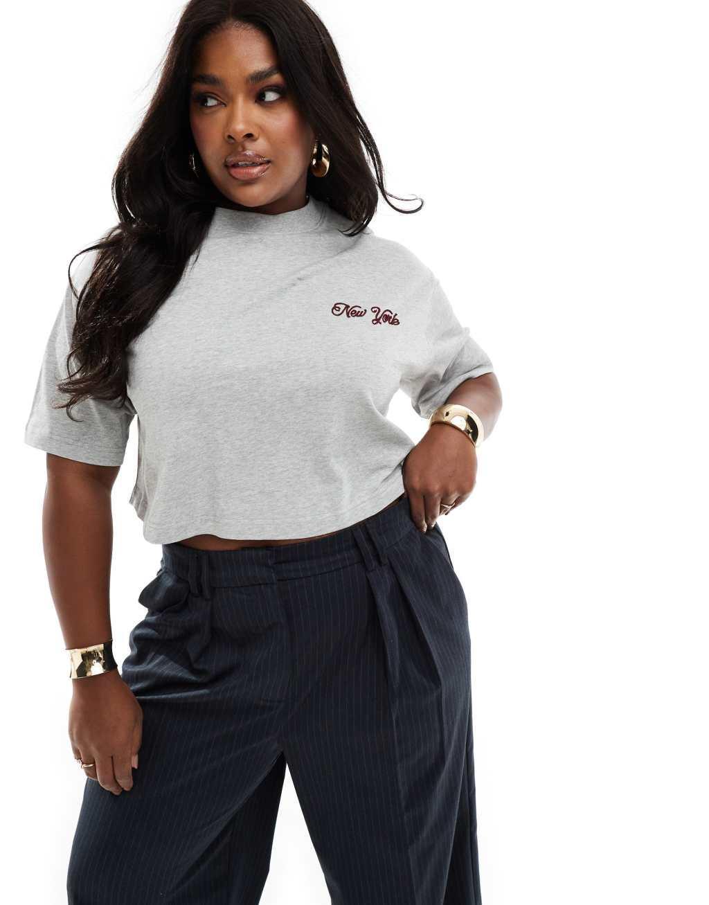 4th & Reckless Plus exclusive cropped embroidered New York t-shirt in gray Product Image