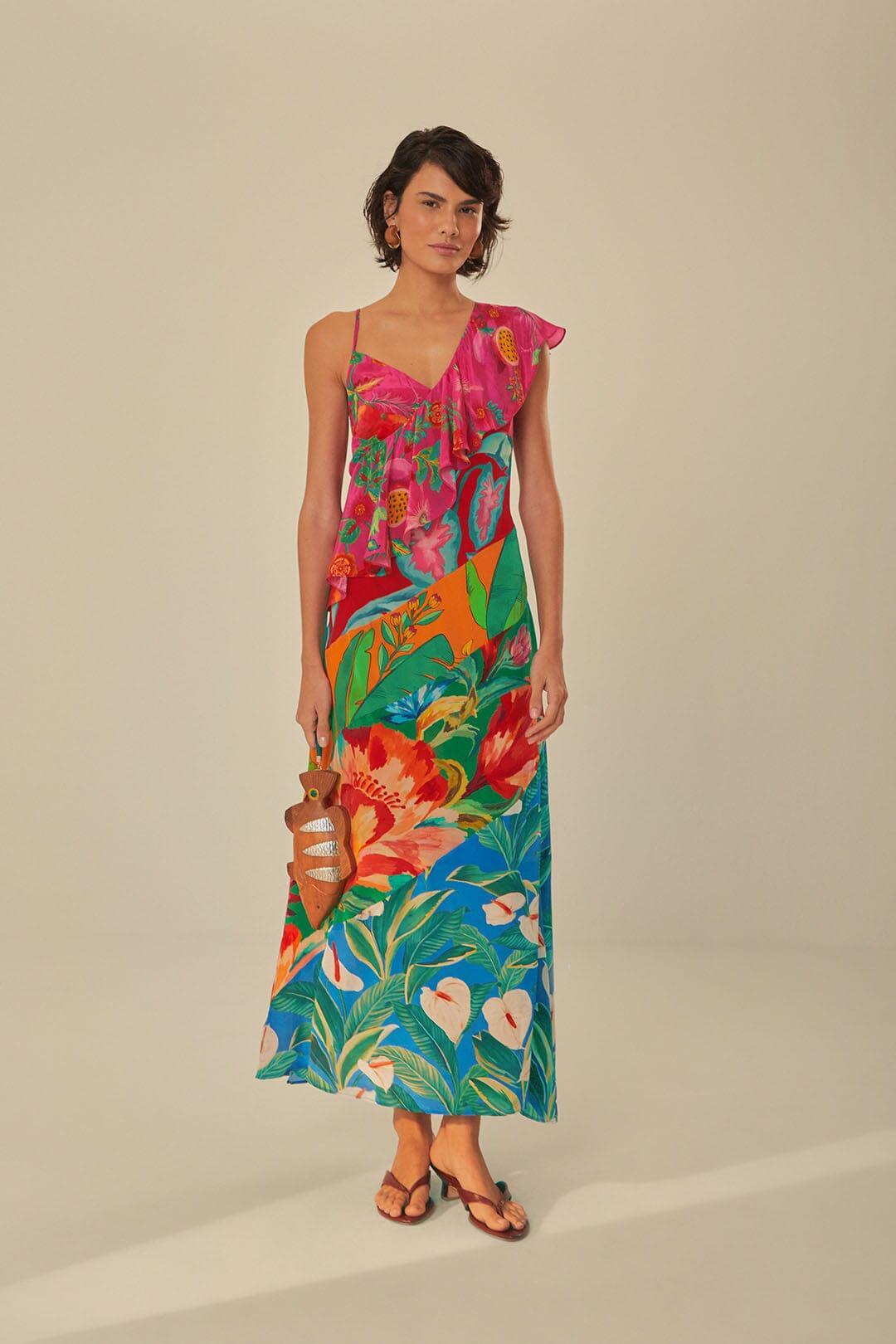Mixed Flowery Rufle One Strap Midi Dress Product Image