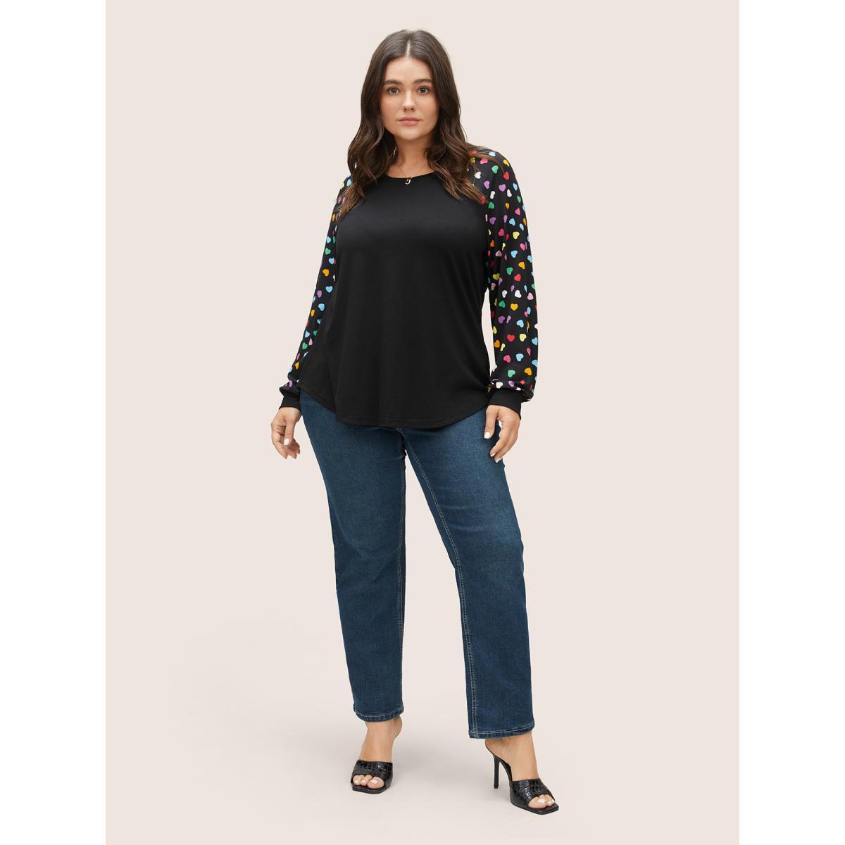 Plus Size Colour Heart Print Raglan Sleeve T-shirt Black Women Elegant Non Heart Print Round Neck Everyday T-shirts BloomChic 22-24/3X Product Image