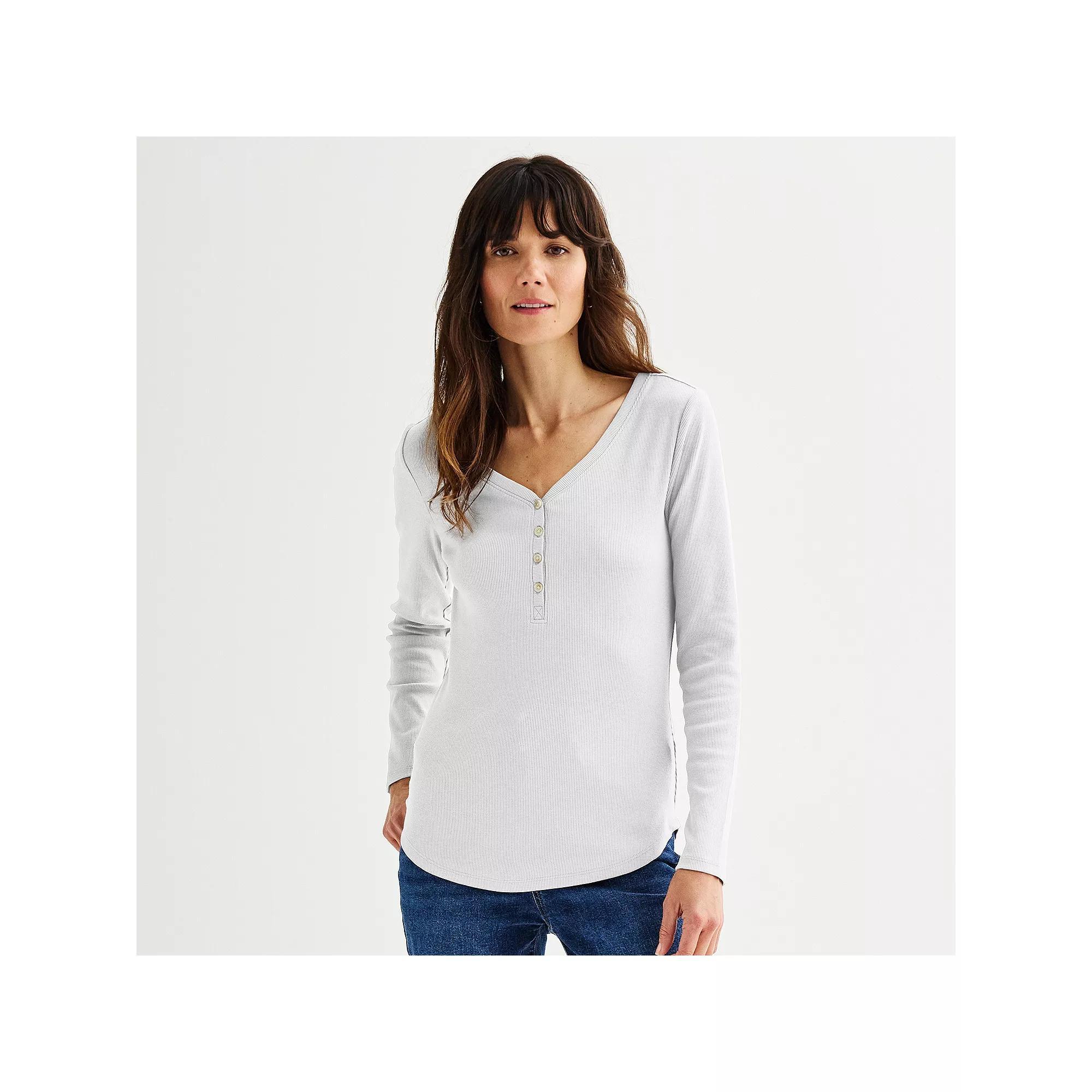 Women's Sonoma Goods For Life® Rib Long Sleeve Henley, Size: Medium, Peanut White Product Image