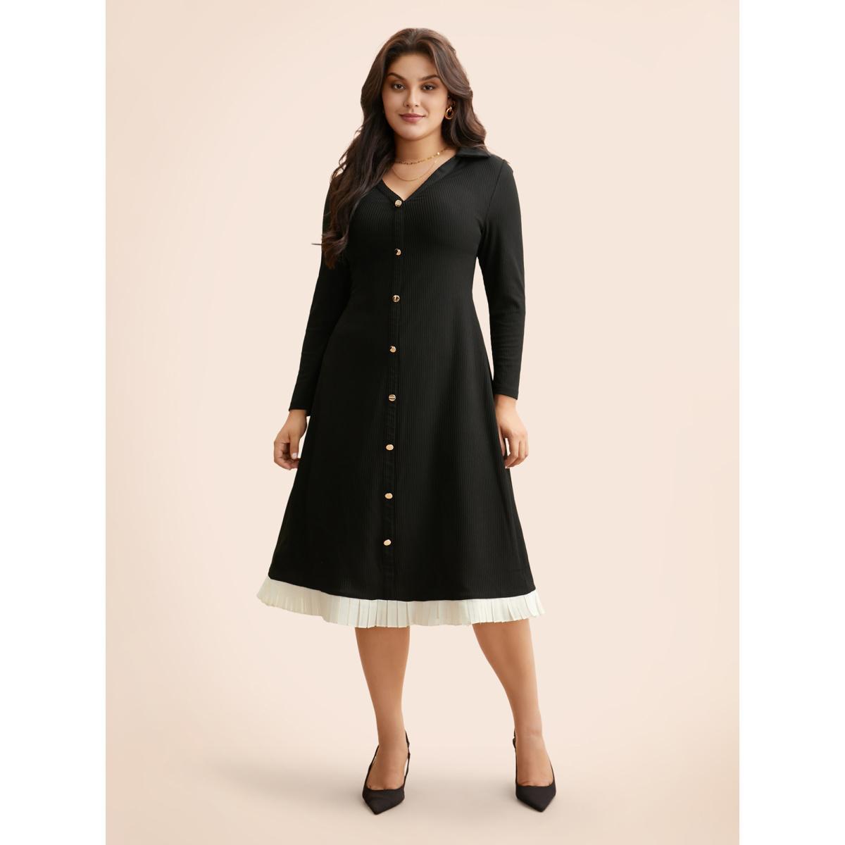 Plus Size Texture Patchwork Pleated Metal Detail Dress Black Women Elegant Texture Shirt collar Long Sleeve Curvy BloomChic 10/M Product Image