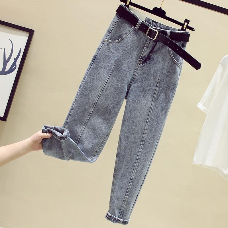 High Waist Washed Cropped Straight Leg Jeans / Belt / Set Product Image
