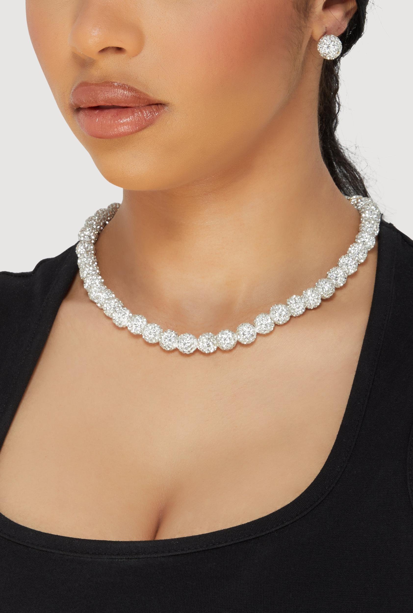 Cubic Zirconia Beaded Necklace and Stud Earrings Female Product Image