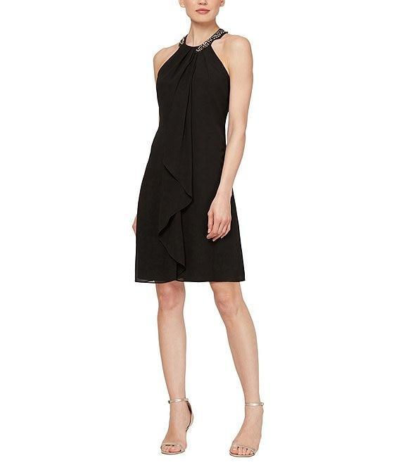 Ignite Evenings Petite Size Beaded Halter Neck Sleeveless Cascade Front Ruffle Chiffon Dress Product Image