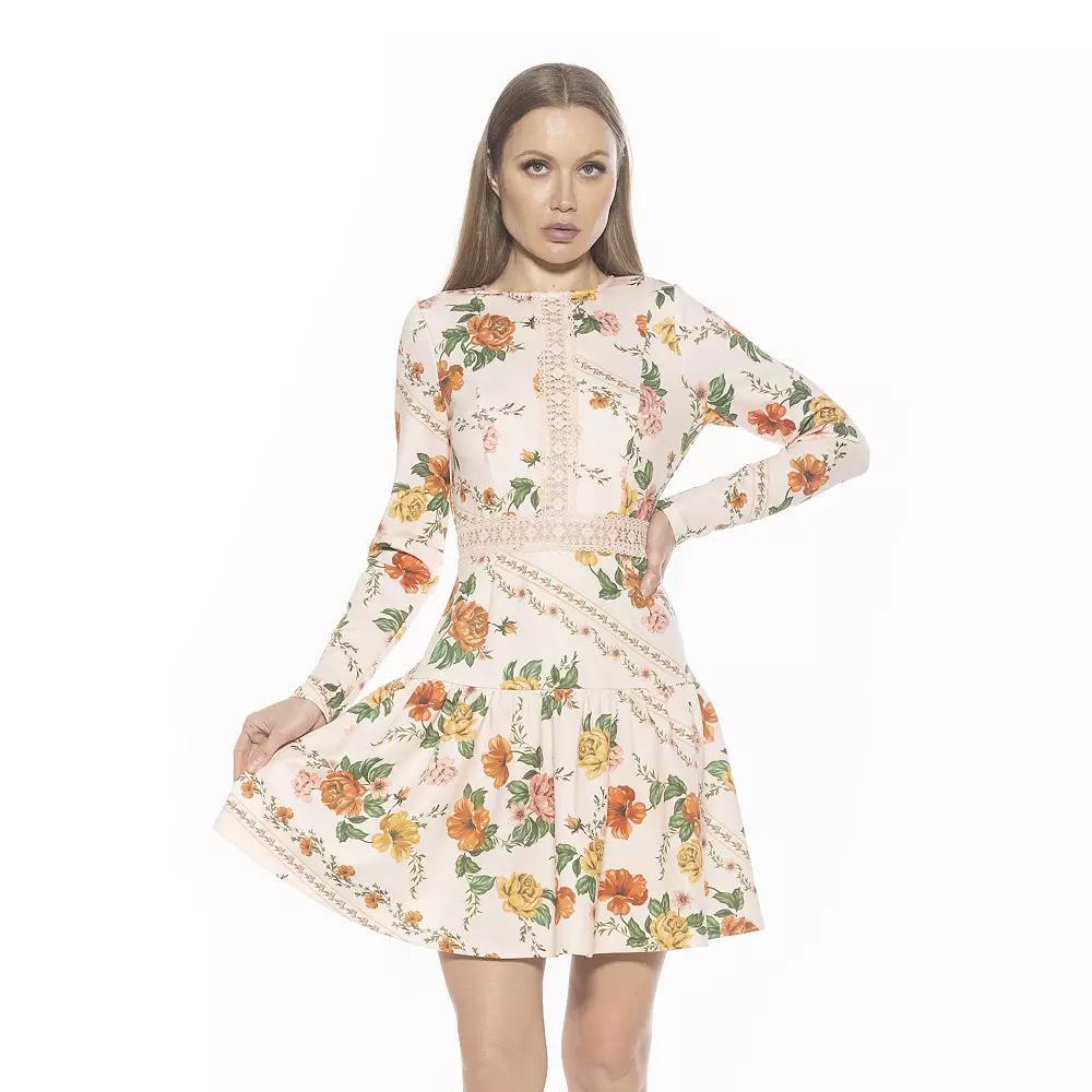 Women's ALEXIA ADMOR Alexa Long Sleeve Lace Trim Floral Print Mini Dress, Size: 12, Beige Floral Product Image