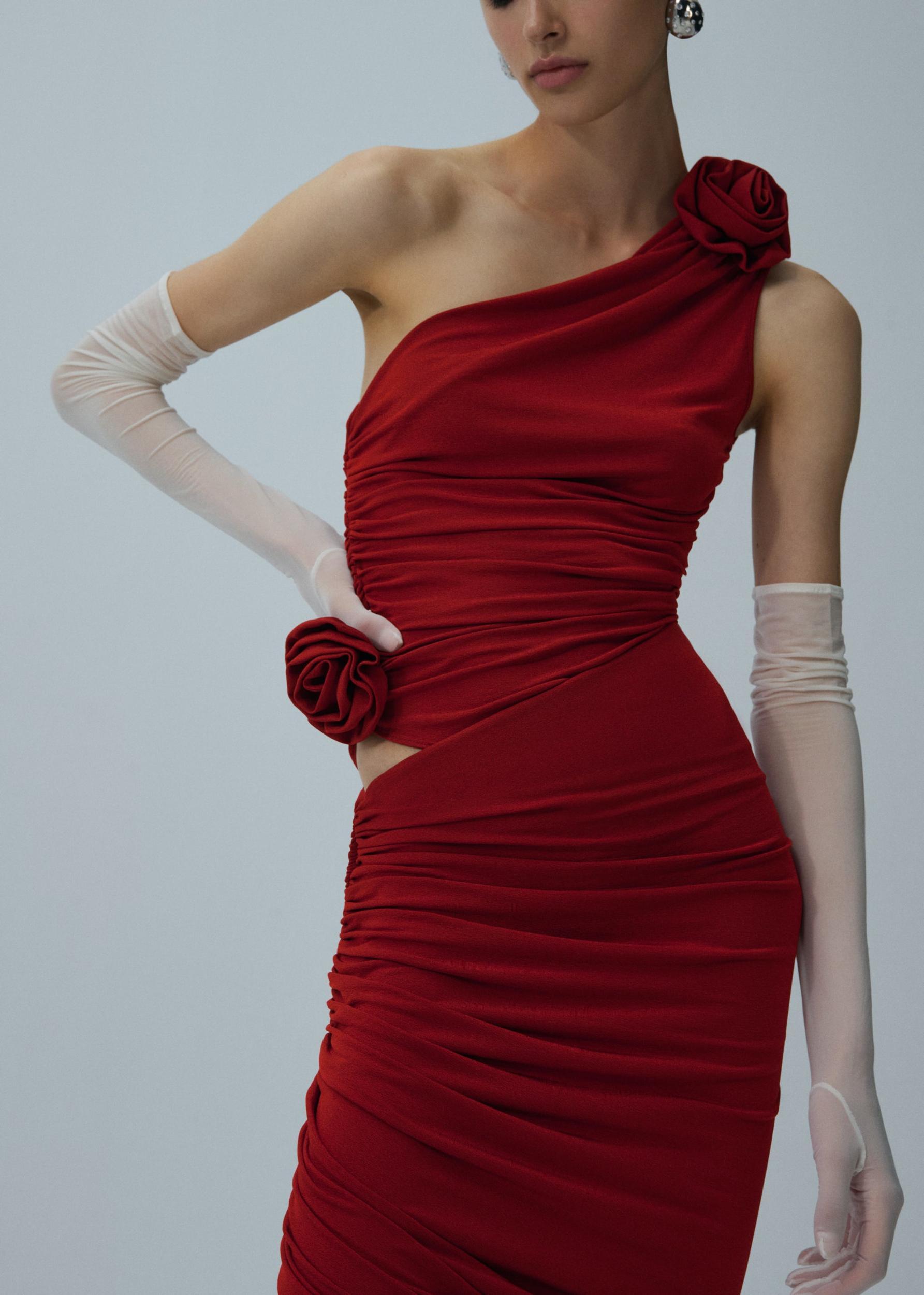 Asymmetrical draped midi skirt in red Product Image