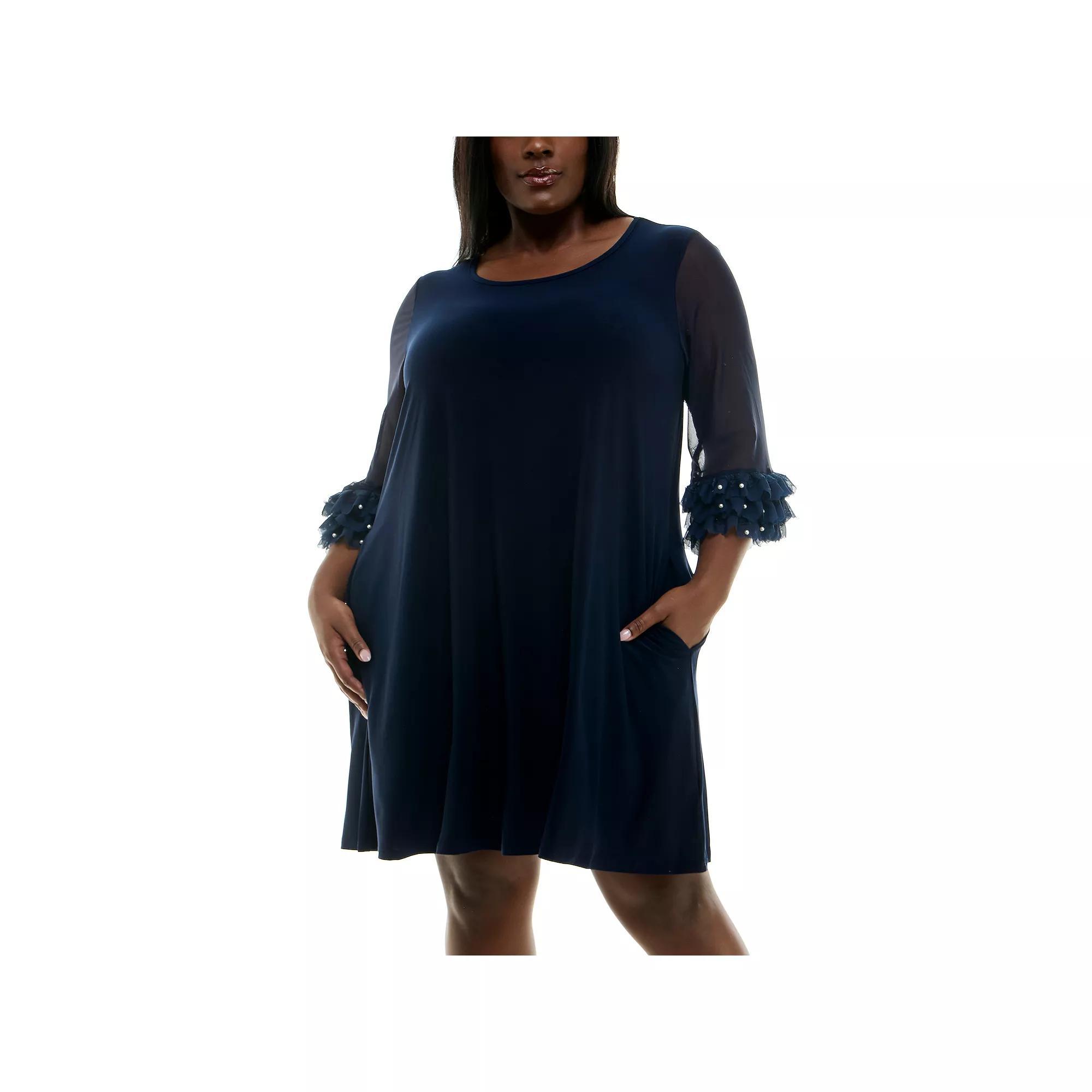 Plus Size Nina Leonard Mesh Ruffle Sleeve Mini Trapeze Dress, Women's, Size: 2XL, Blue Product Image