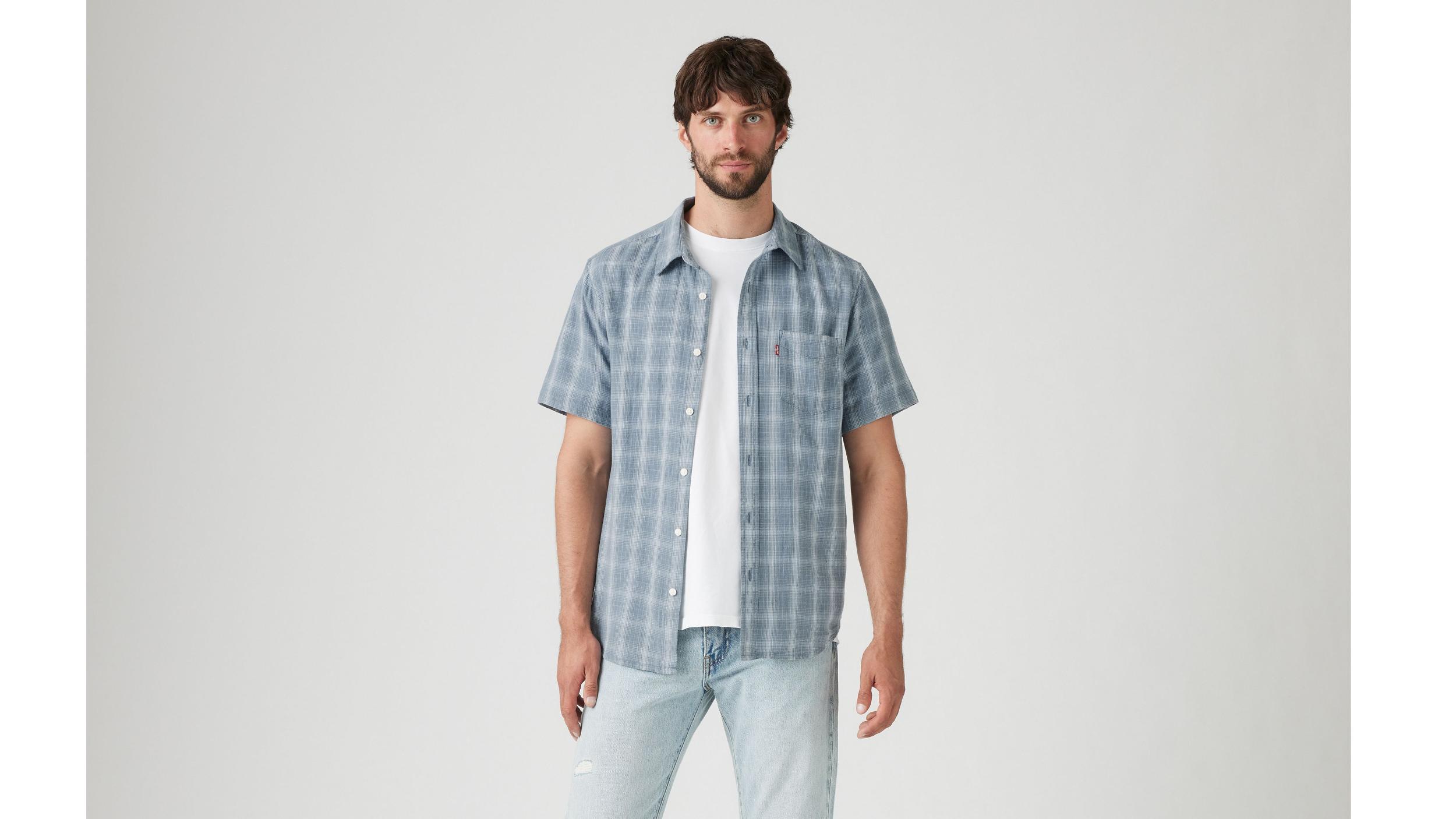 Short Sleeve Sunset Cotton Linen One Pocket Shirt Product Image