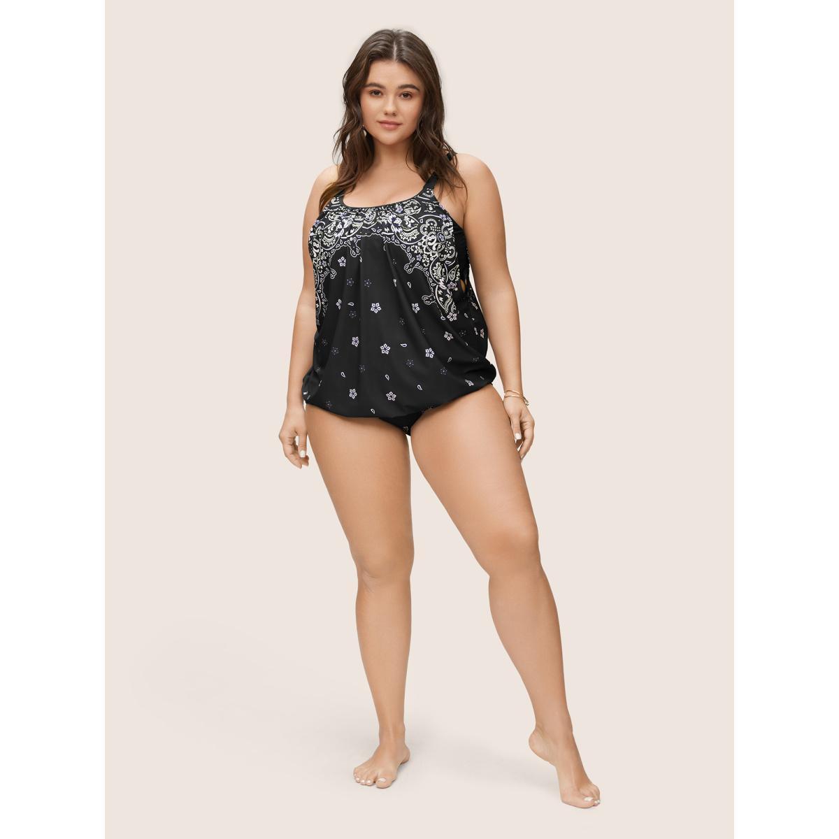 Plus Size Boho Print Cut Out Adjustable Straps Swim Top Women's Swimwear Black Beach Non High stretch Bodycon U-neck Curve Swim Tops BloomChic 14-16/1X Product Image