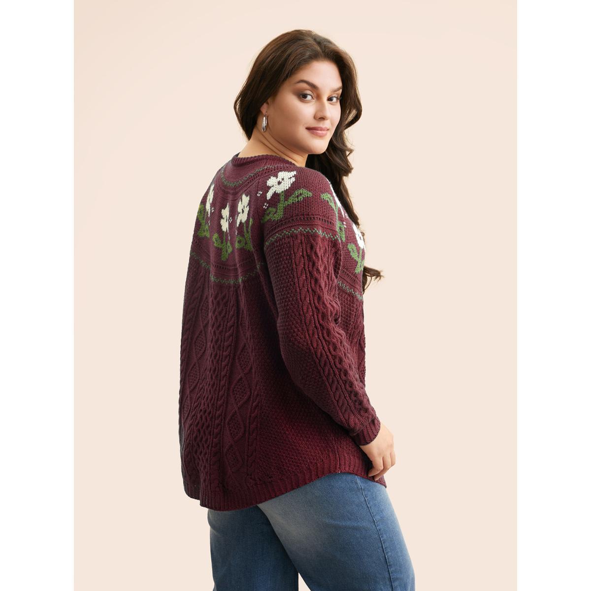 Plus Size Floral Jacquard Raglan Sleeve Pullover Deeppurple Women Casual Long Sleeve Round Neck Everyday Pullovers BloomChic 30/6X Product Image