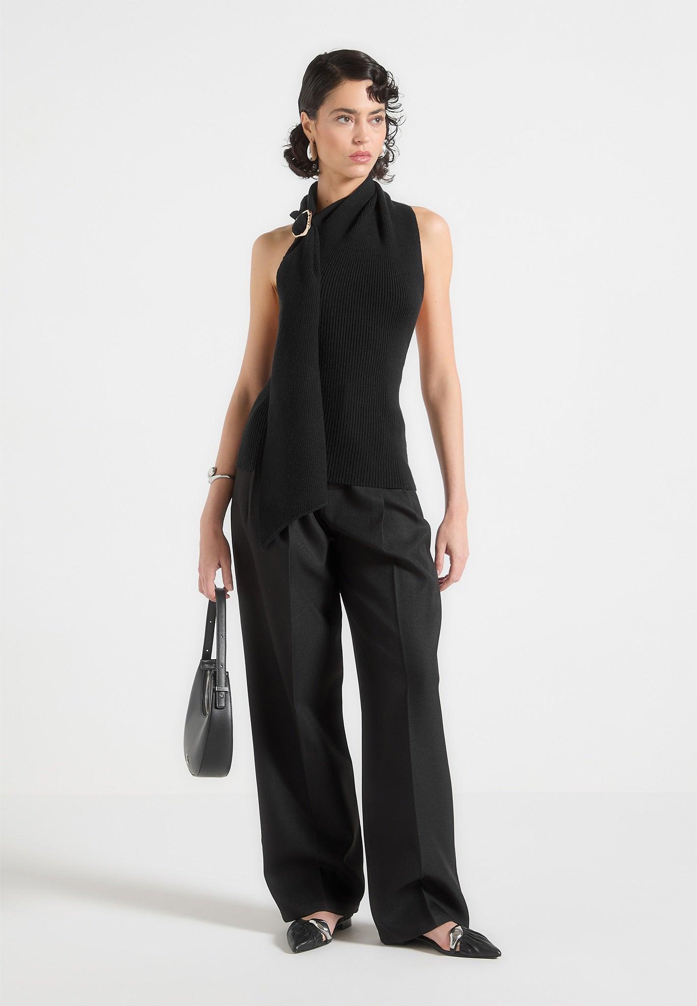 Knitted Draped Halterneck Top - Black Female Product Image