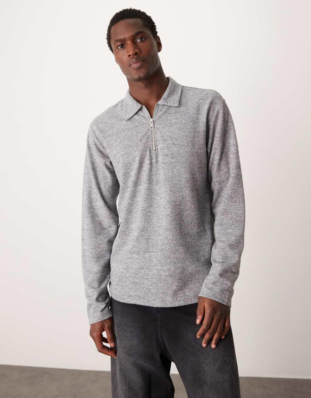 ASOS DESIGN long sleeve brushed rib polo with zip in gray heather Product Image