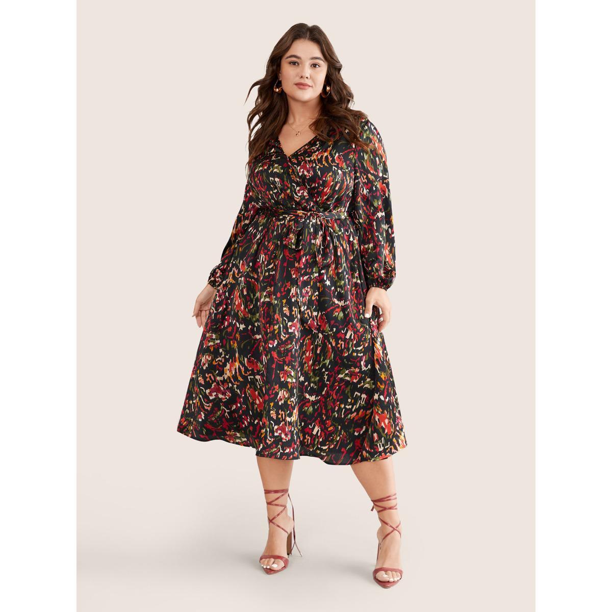 Plus Size Boho Print Wrap Pocket Lantern Sleeve Dress Black Women Elegant Elastic cuffs V-neck Long Sleeve Curvy Midi Dress BloomChic 10/M Product Image