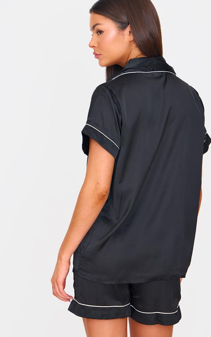 Black Satin Contrast Piping Short Pj Set Product Image