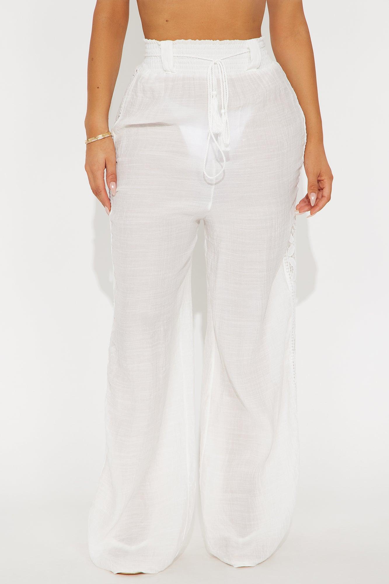 Beachside Lounge Linen Side Crochet Panel Cover Up Pants - White Product Image