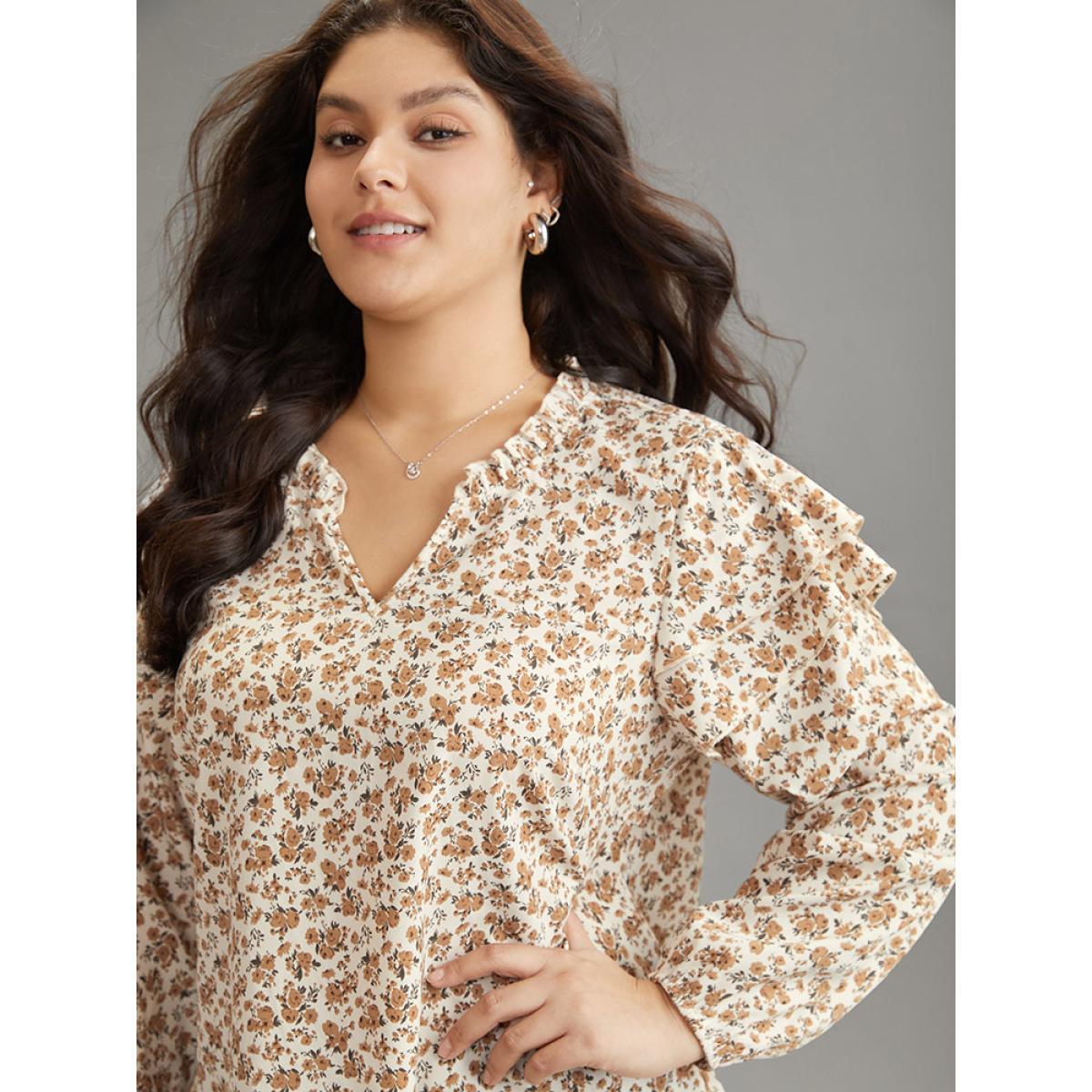 Plus Size Apricot Ditsy Floral Notched Tiered Ruffles Lantern Sleeve Blouse Women Elegant Long Sleeve Notched collar Dailywear Blouses BloomChic 22-24/3X Product Image
