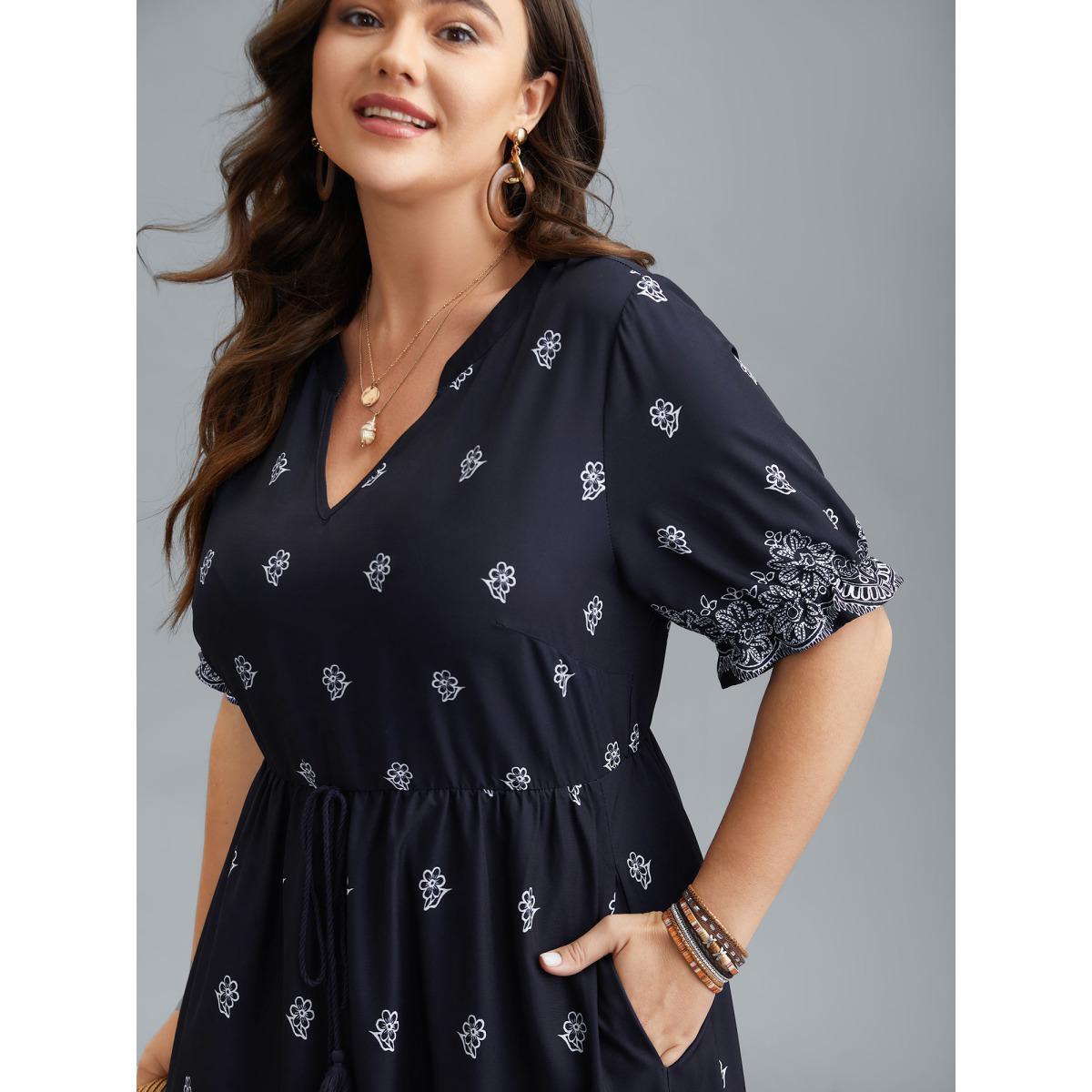 Plus Size Floral Waist-Tie Notched Collar Midi Dress Indigo Women Resort Ruffles Notched collar Half Sleeve Curvy BloomChic 12/L Product Image