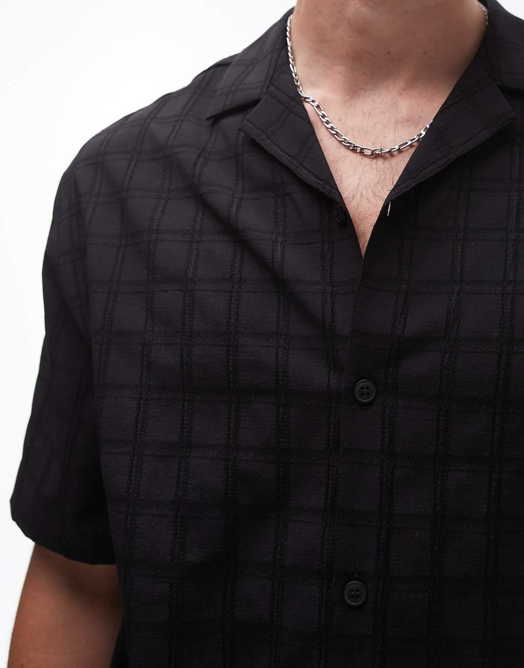 Topman short sleeve textured grid shirt in black Product Image