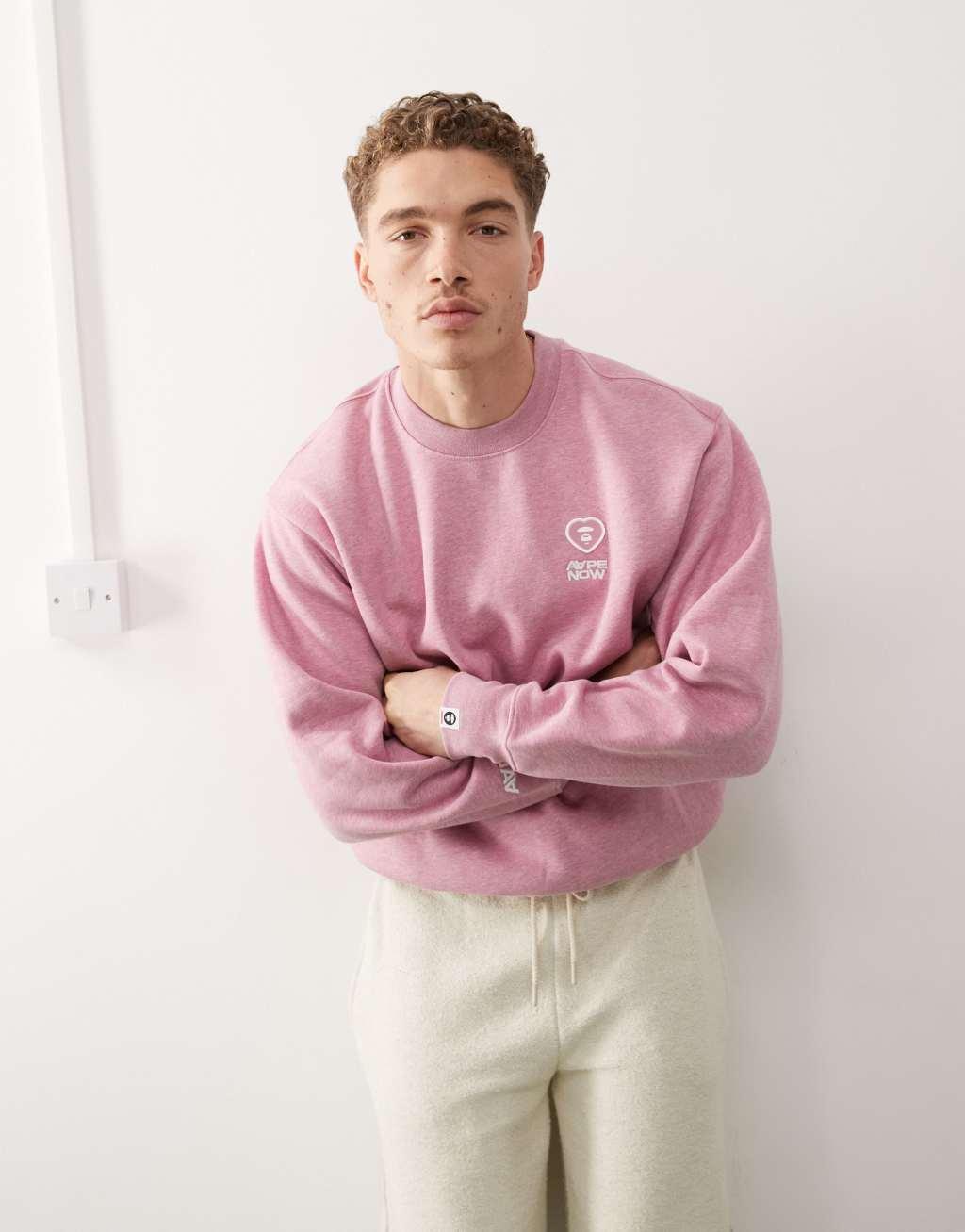 Aape By A Bathing Ape heart crew neck sweat in pink Product Image