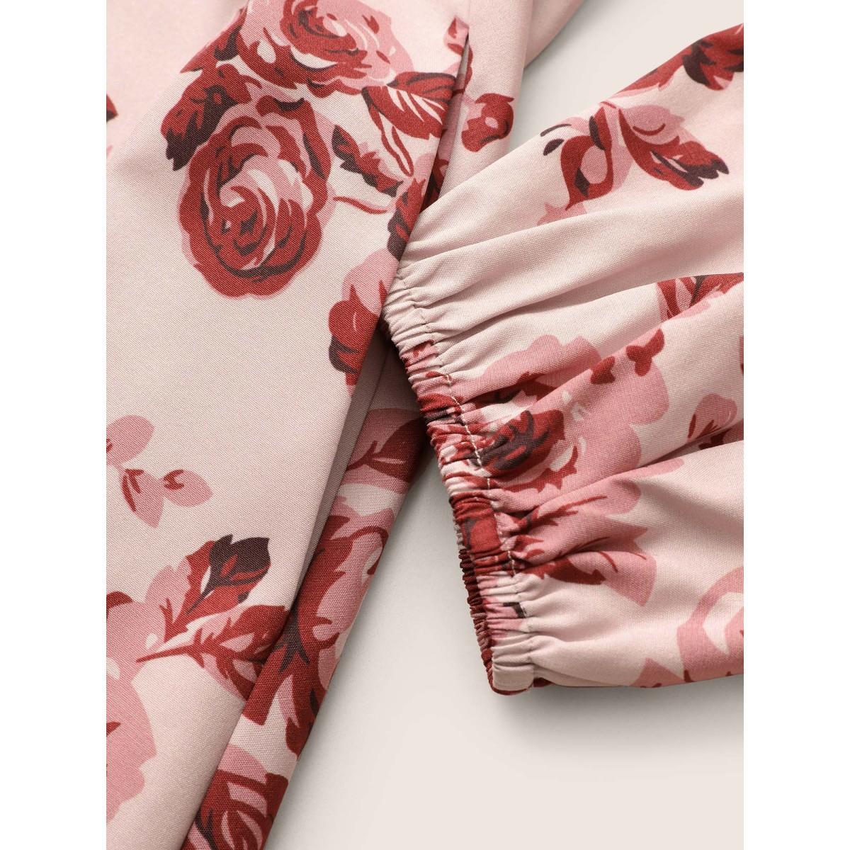 Plus Size Floral Ruched Square Neck Lantern Sleeve Dress DustyPink Women Elegant Non Square Neck Long Sleeve Curvy Midi Dress BloomChic 26/4X Product Image