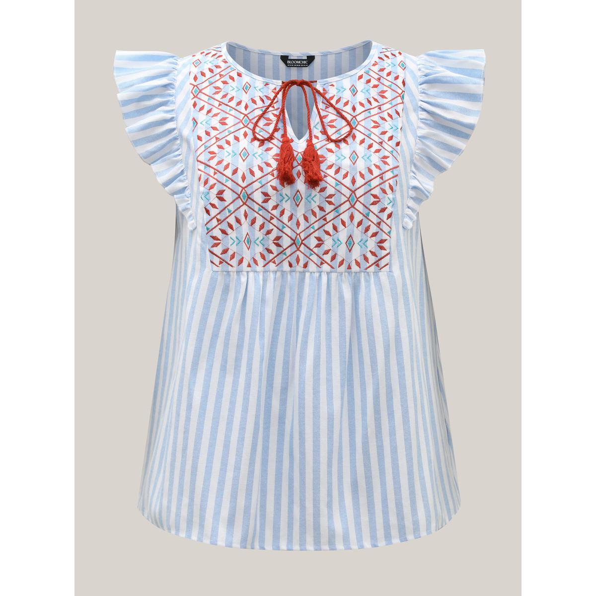 Plus Size Skyblue Embroidered Stripe Neck Tie Blouse Women Cap Sleeve Notched collar Vacation Blouses BloomChic 22-24/3X Product Image