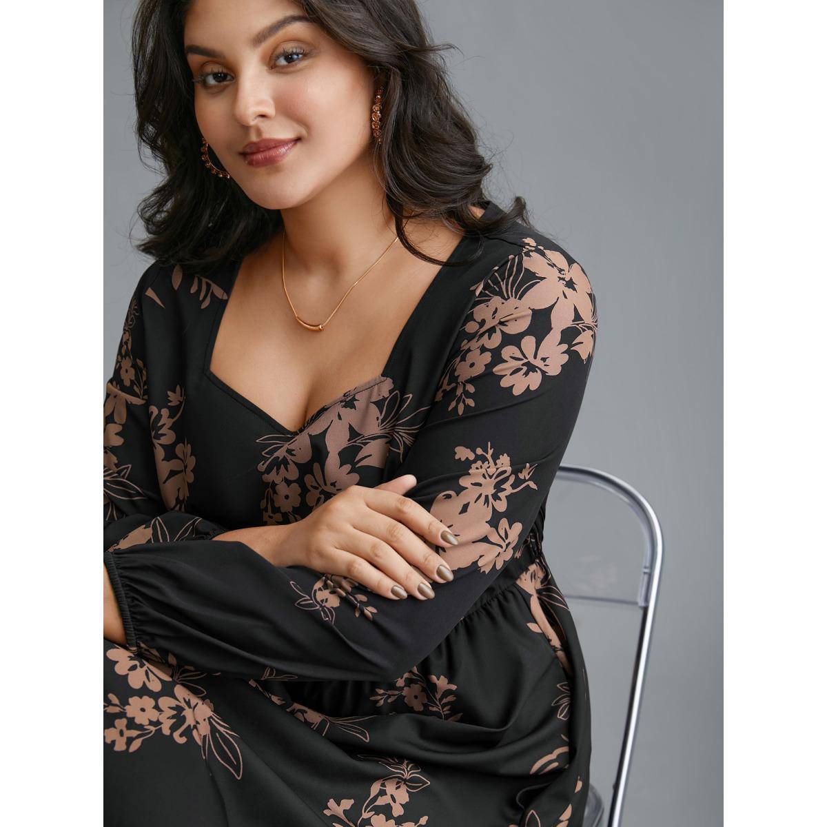 Plus Size Floral Square Neck Pocket Midi Dress Black Women Elegant Non Square Neck Long Sleeve Curvy BloomChic 28/5X Product Image