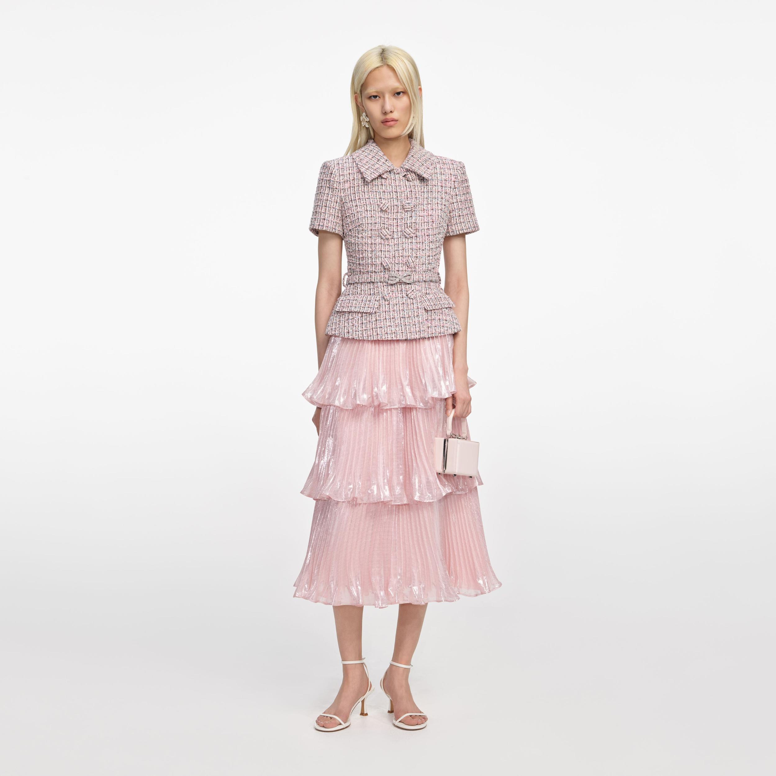 Pink Boucle Metallic Tiered Midi Dress Product Image