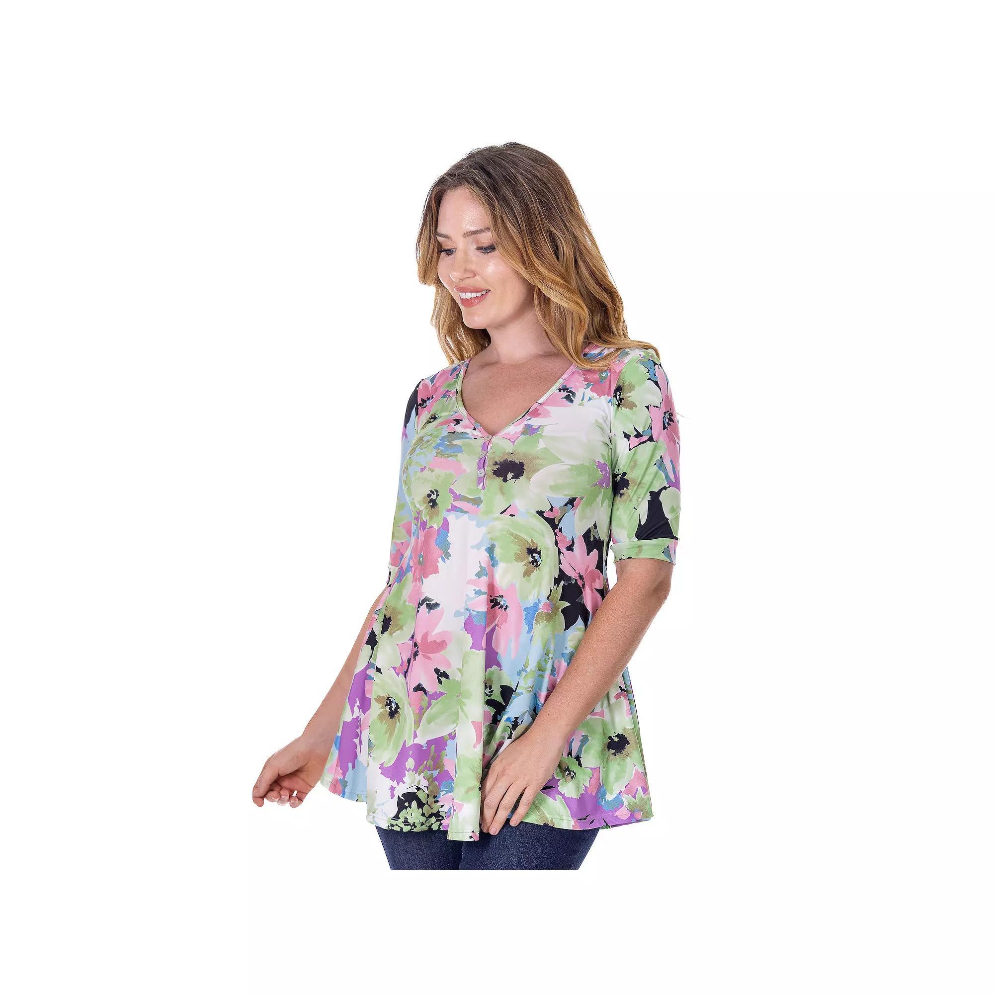 Womens 24seven Comfort Apparel Floral V Neck Henley Tunic Top Product Image