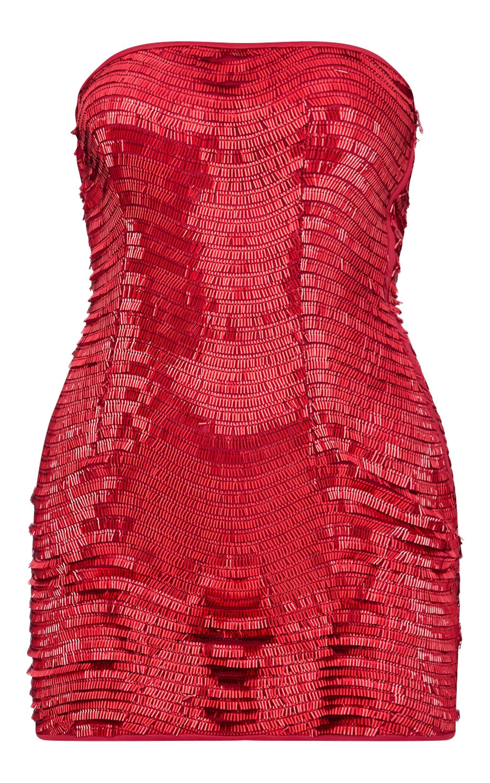 Red Textured Sequin Bandeau Mini Dress Product Image