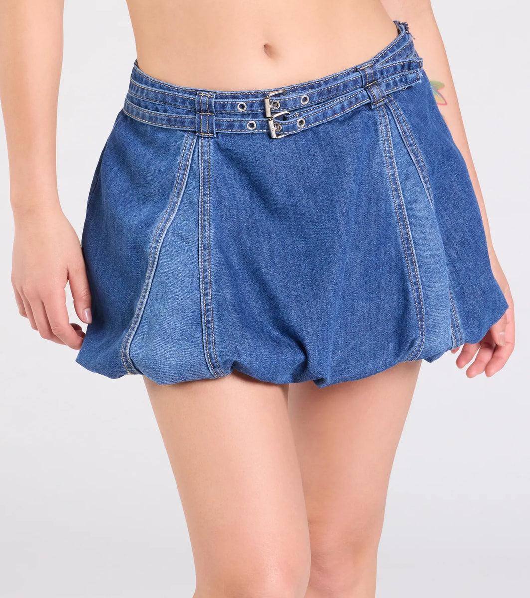 Definite Charmer Mid-Rise Belted Denim Bubble Skirt Product Image