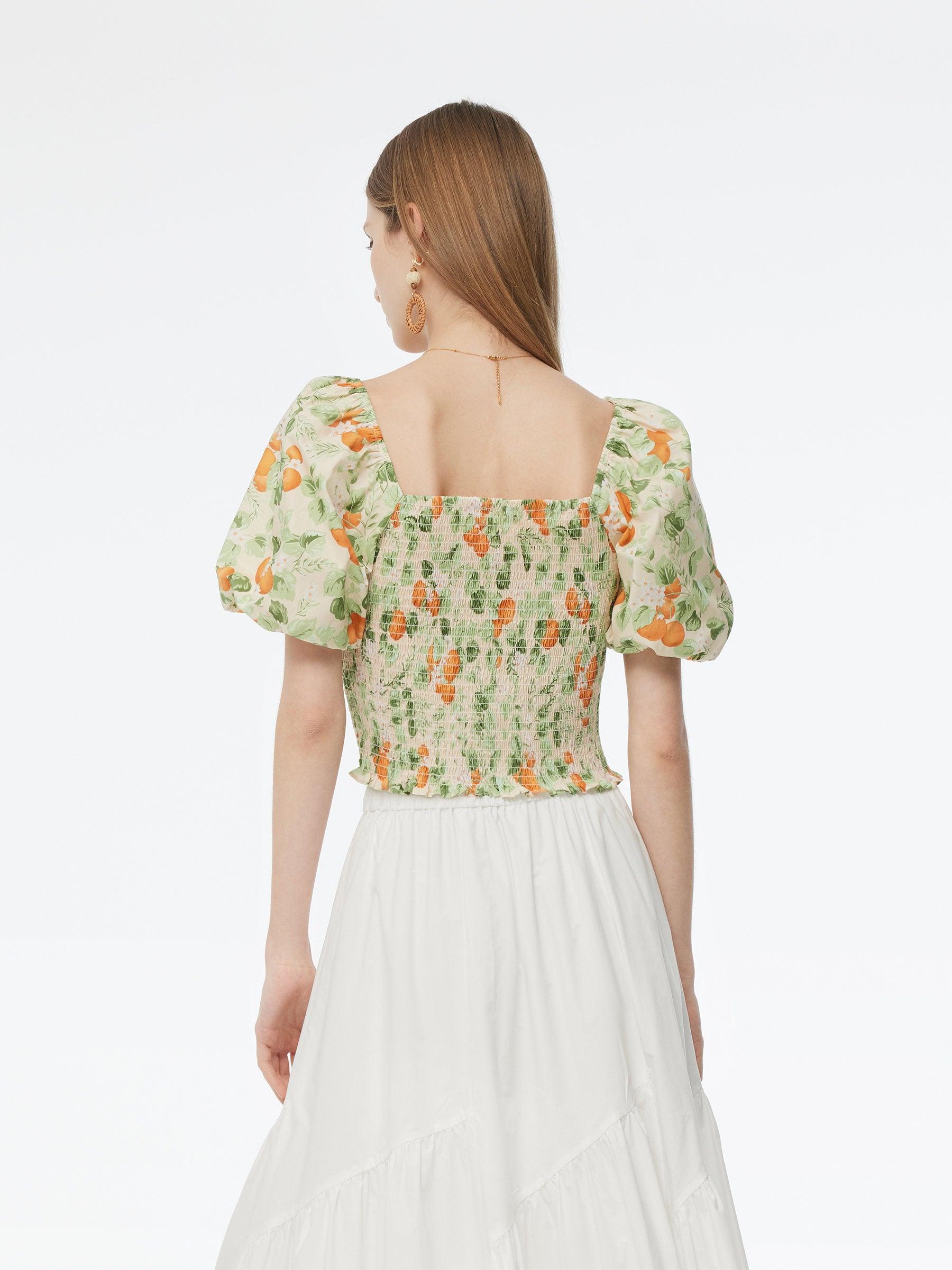 Cotton Floral Print Women Smocked Top Product Image