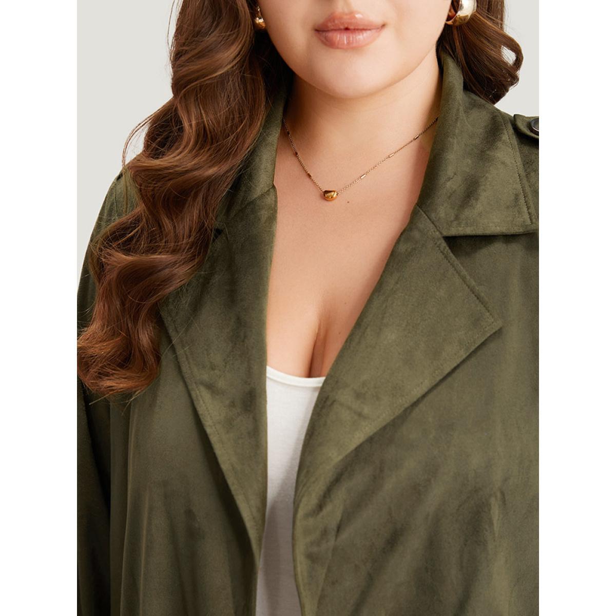 Plus Size Plain Lapel Collar Pocket Belted Faux Suede Coat Women ArmyGreen Casual Plain Ladies Dailywear Winter Coats BloomChic 10/M Product Image