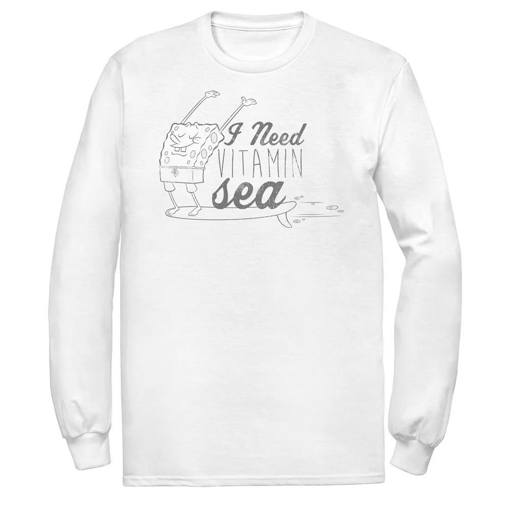 Men's Spongebob Squarepants Surfing I Need Vitamin Sea Long Sleeve Tee, Size: Medium, White Product Image