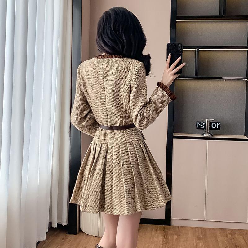 Long-Sleeve Ribbon Neck Tweed Mini A-Line Pleated Dress Product Image