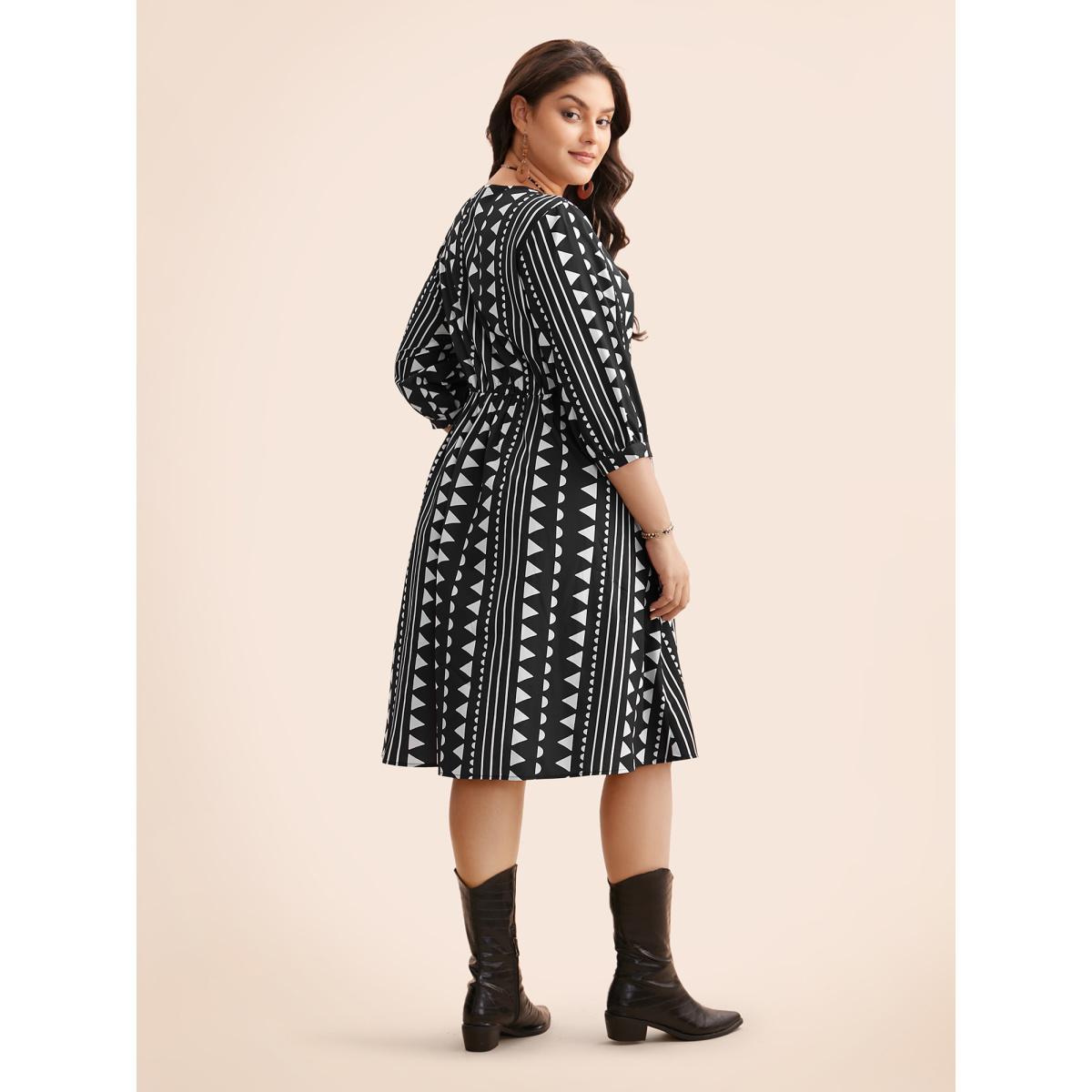 Plus Size Geometric V Neck Lantern Sleeve Dress Black Women Resort Non V-neck Elbow-length sleeve Curvy BloomChic 12/L Product Image