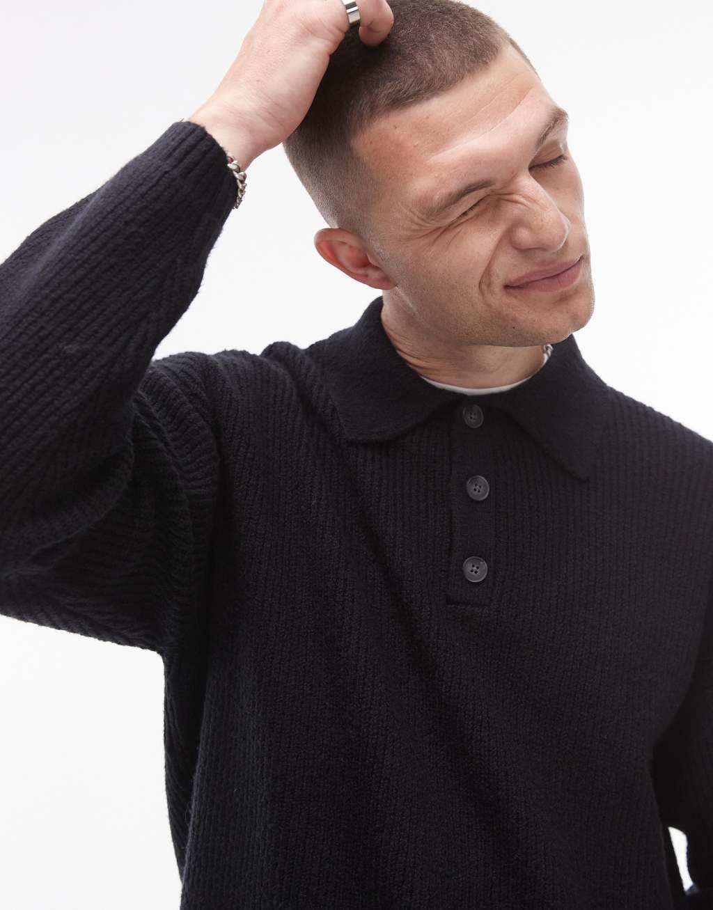 Topman relaxed fit compact knit polo sweater in black Product Image