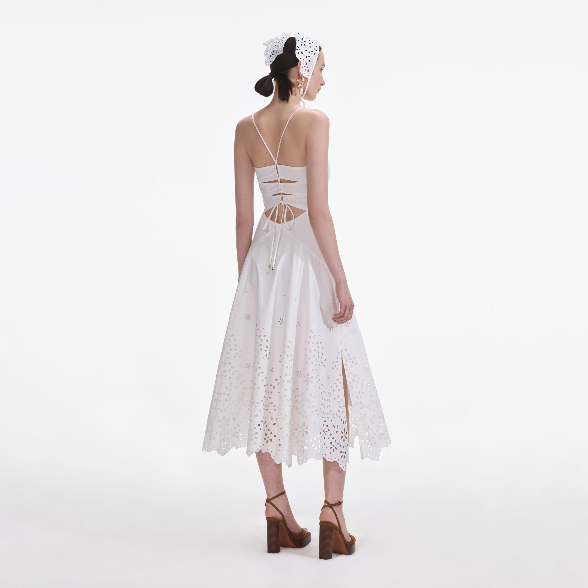 White Cotton Embroidered Midi Dress Product Image