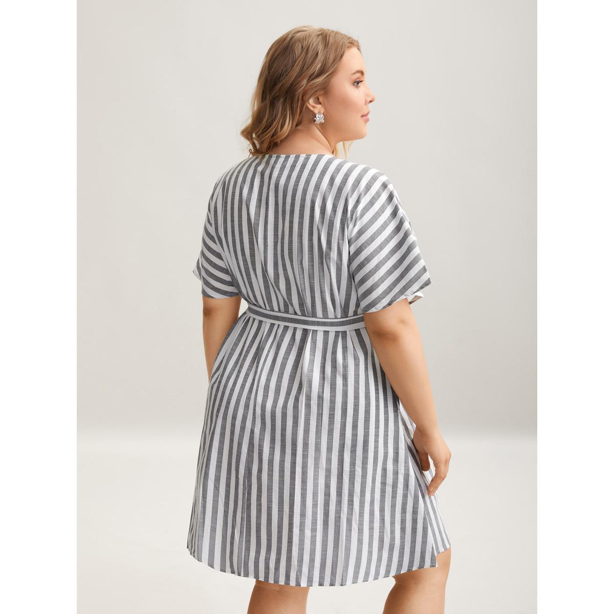 Plus Size Striped V Neck Button Belted Knee Dress Black Women Office Gathered V-neck Short sleeve Curvy BloomChic 26/4X Product Image