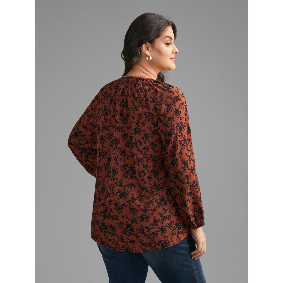 Plus Size Russet Silhouette Floral Print Shirred Gathered Blouse Women Elegant Long Sleeve Wrap collar Everyday Blouses BloomChic 12/L Product Image