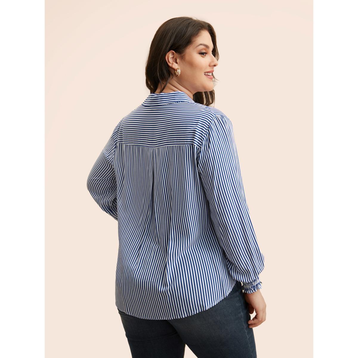 Plus Size Mediumblue Striped Shirt Collar Shirred Blouse Women Elegant Long Sleeve Shirt collar Everyday Blouses BloomChic 12/L Product Image
