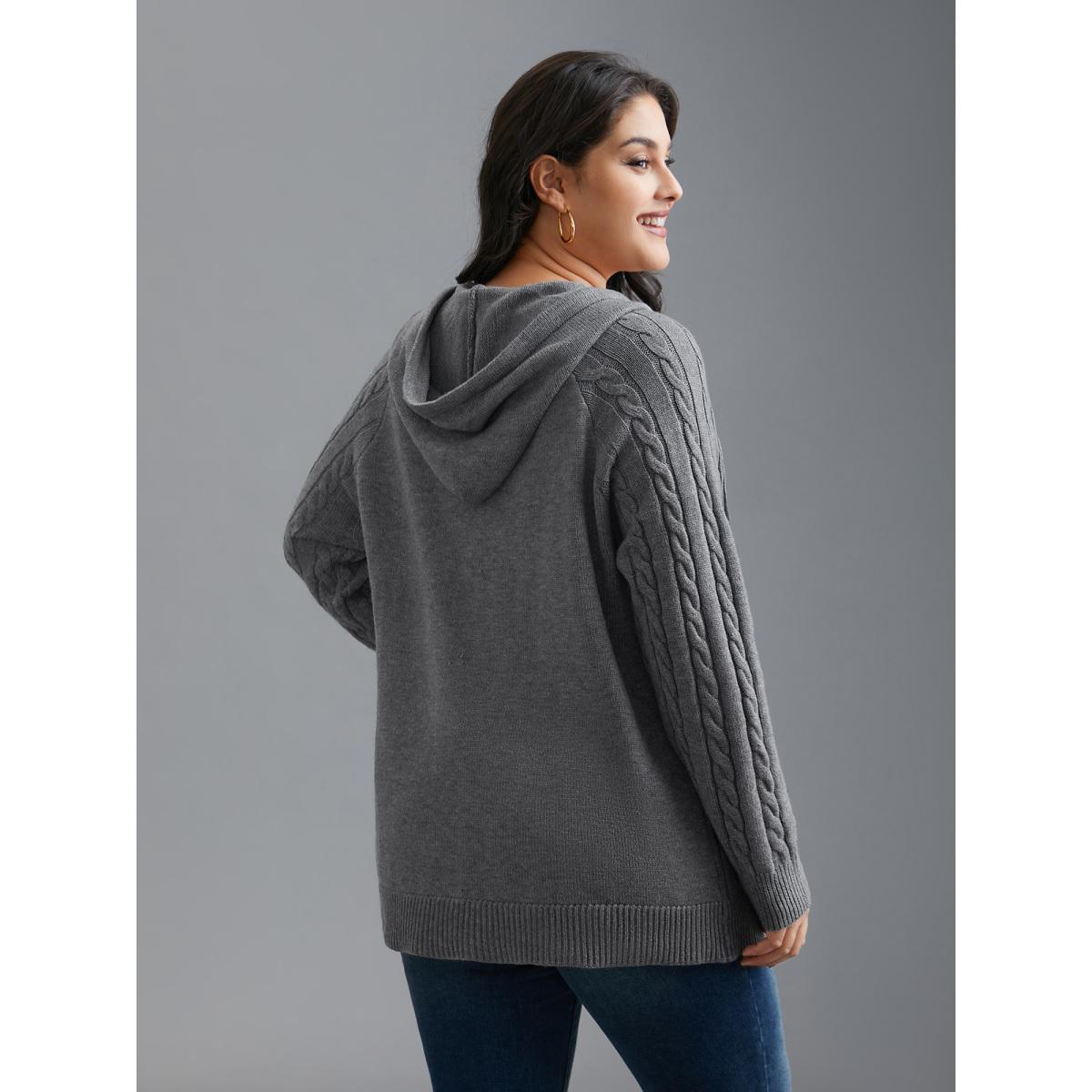 Plus Size Cable Knit Hooded Zipper Cardigan DimGray Women Casual Loose Long Sleeve Everyday Cardigans BloomChic 28/5X Product Image