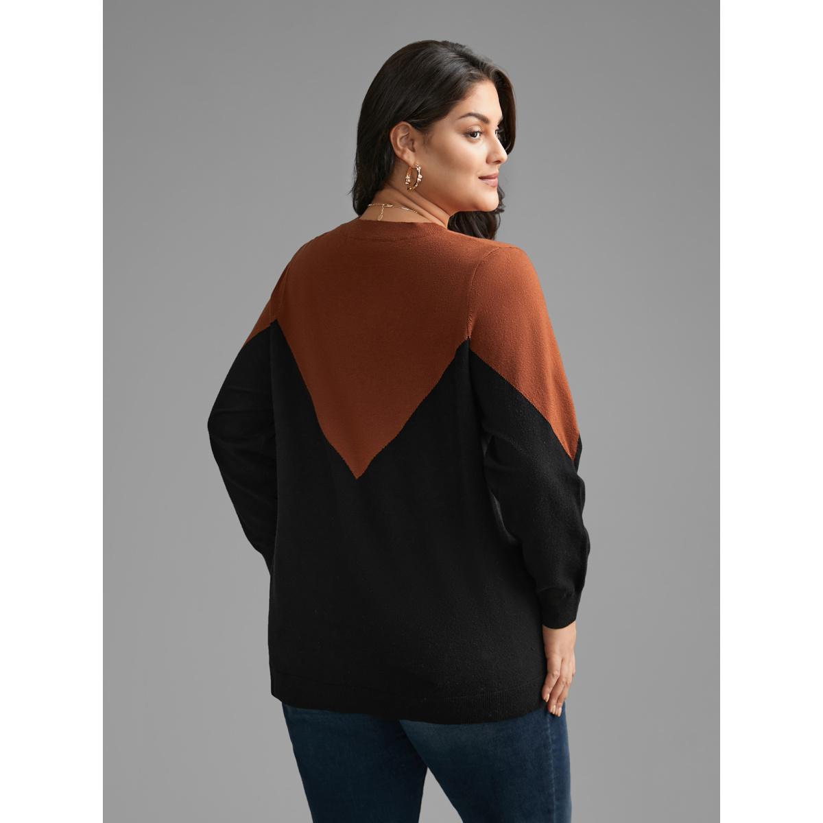 Plus Size Round Neck Contrast Patchwork Pullover Black Women Casual Loose Long Sleeve Round Neck Everyday Pullovers BloomChic 18-20/2X Product Image