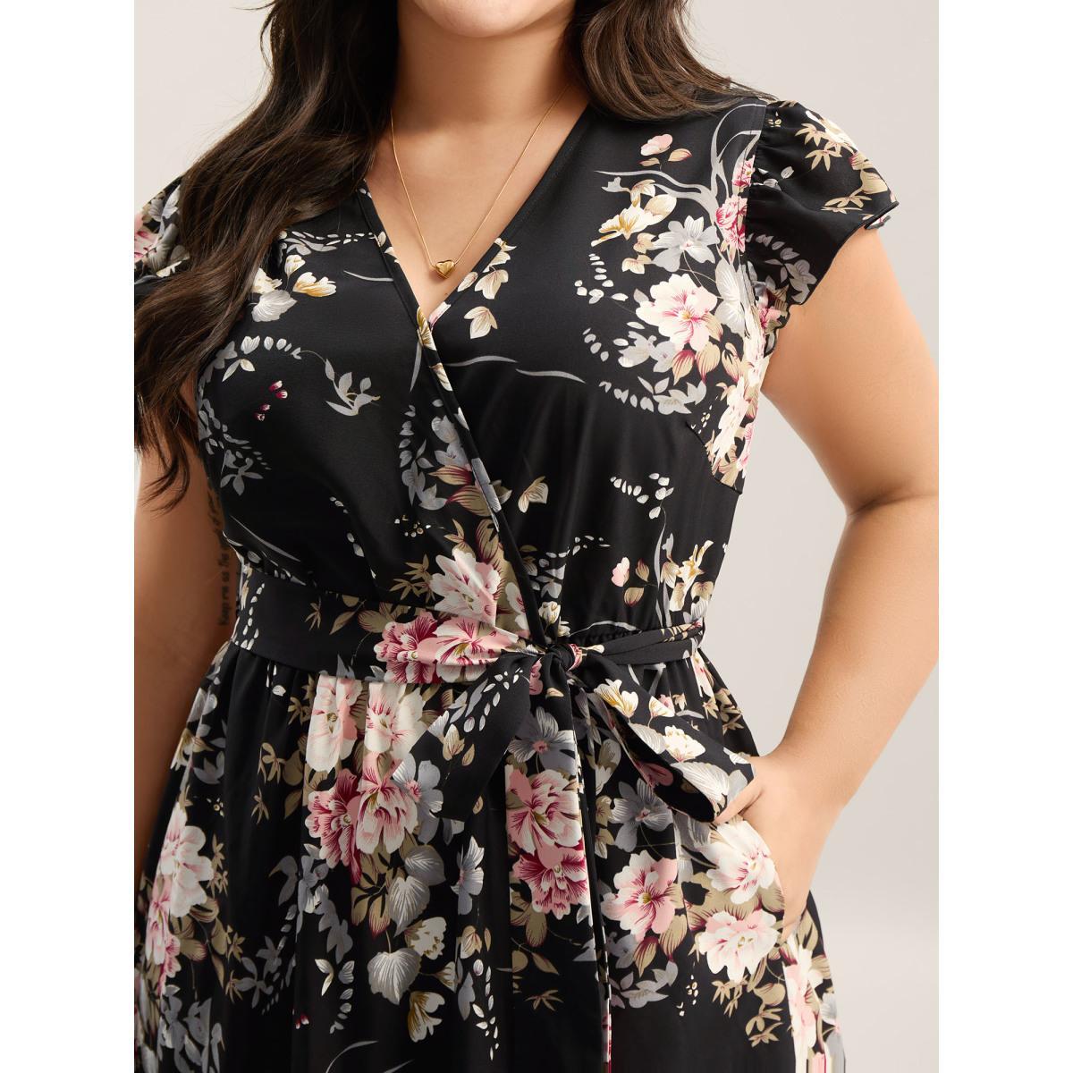 Plus Size Midnight Blooms Wrap A-Line Midi Dress Black Women Overlap Collar Cap Sleeve Curvy BloomChic 22-24/3X Product Image