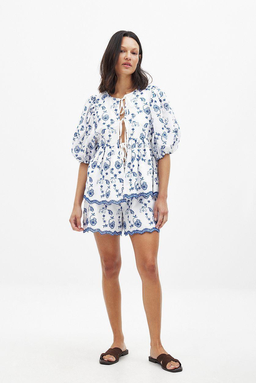 Embroidered Contrast Tie Front Blouse Product Image