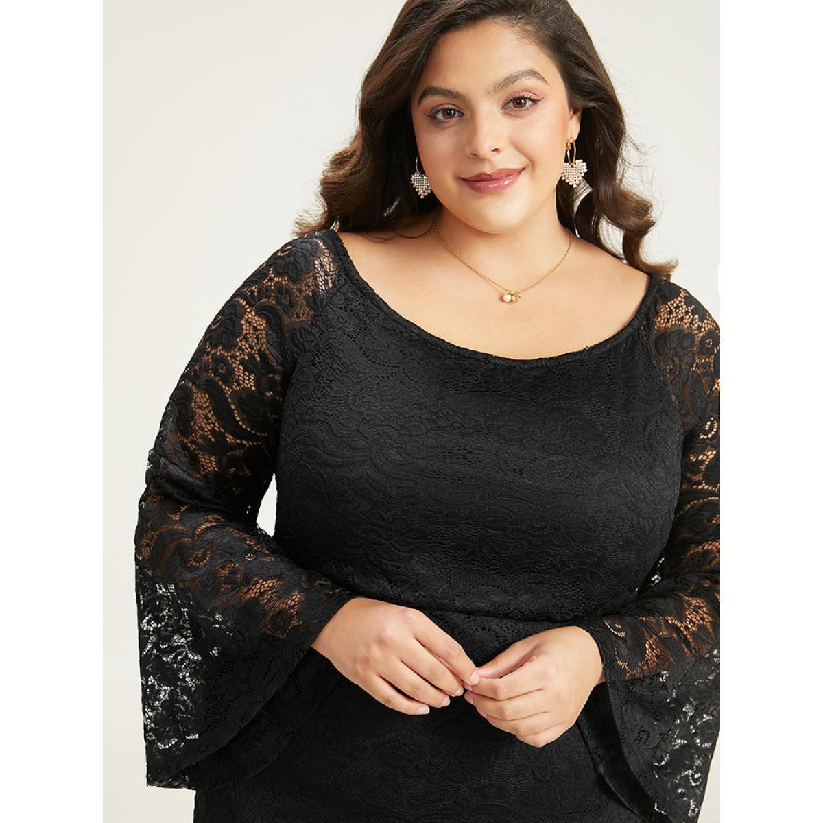 Plus Size Plain Crochet Lace Mesh Bell Sleeve Dress Black Women Glamour Plain Scoop Neck Long Sleeve Curvy Knee Dress BloomChic 12/L Product Image