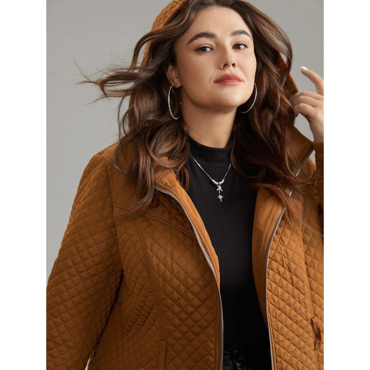 Plus Size Women Dailywear Plain Quilting No stretch Bodycon 14-16/1X Pocket Belt Elegant Cotton Jackets BloomChic Product Image