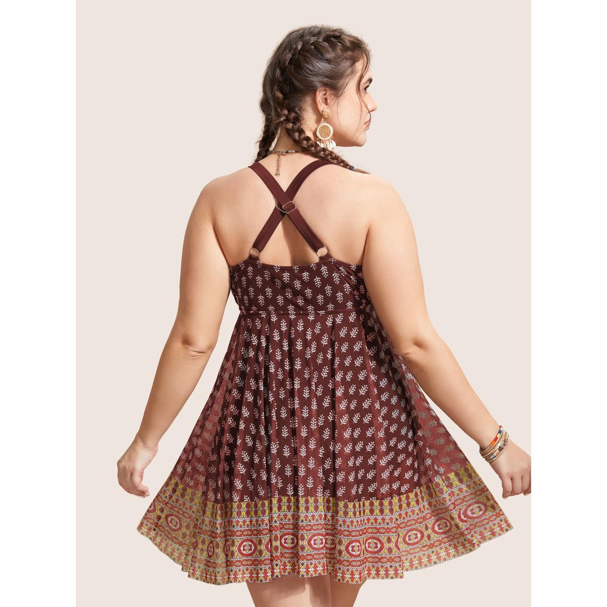 Plus Size Overlap Collar Boho Print Patchwork Swim Dress Women's Swimwear Deepred Beach Bodycon Overlap Collar High stretch Curve Swim Dresses BloomChic 14-16/1X Product Image
