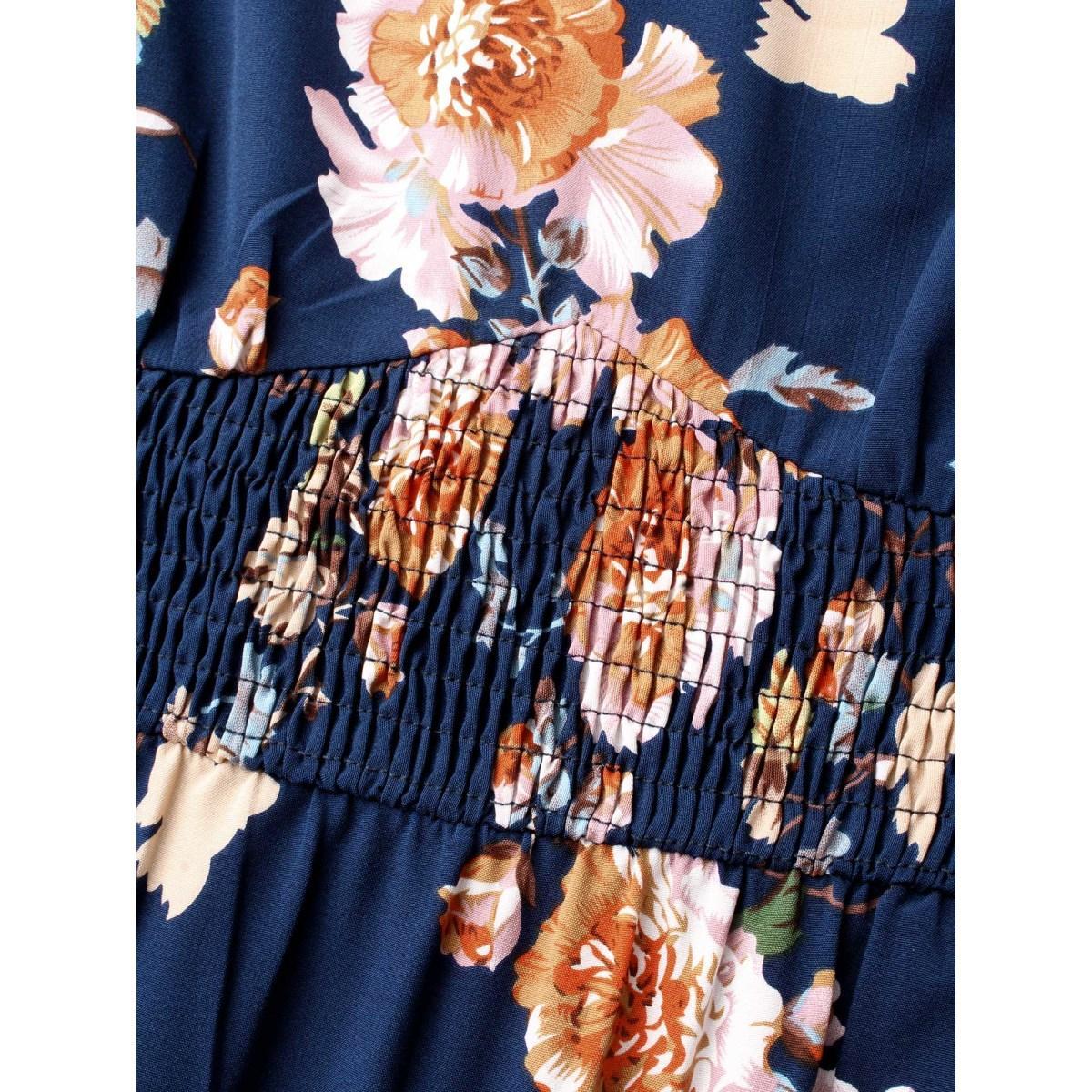 Plus Size Floral Shirred V-Neck Maxi Dress DarkBlue Women Elegant Shirred V-neck Long Sleeve Curvy BloomChic 14-16/1X Product Image