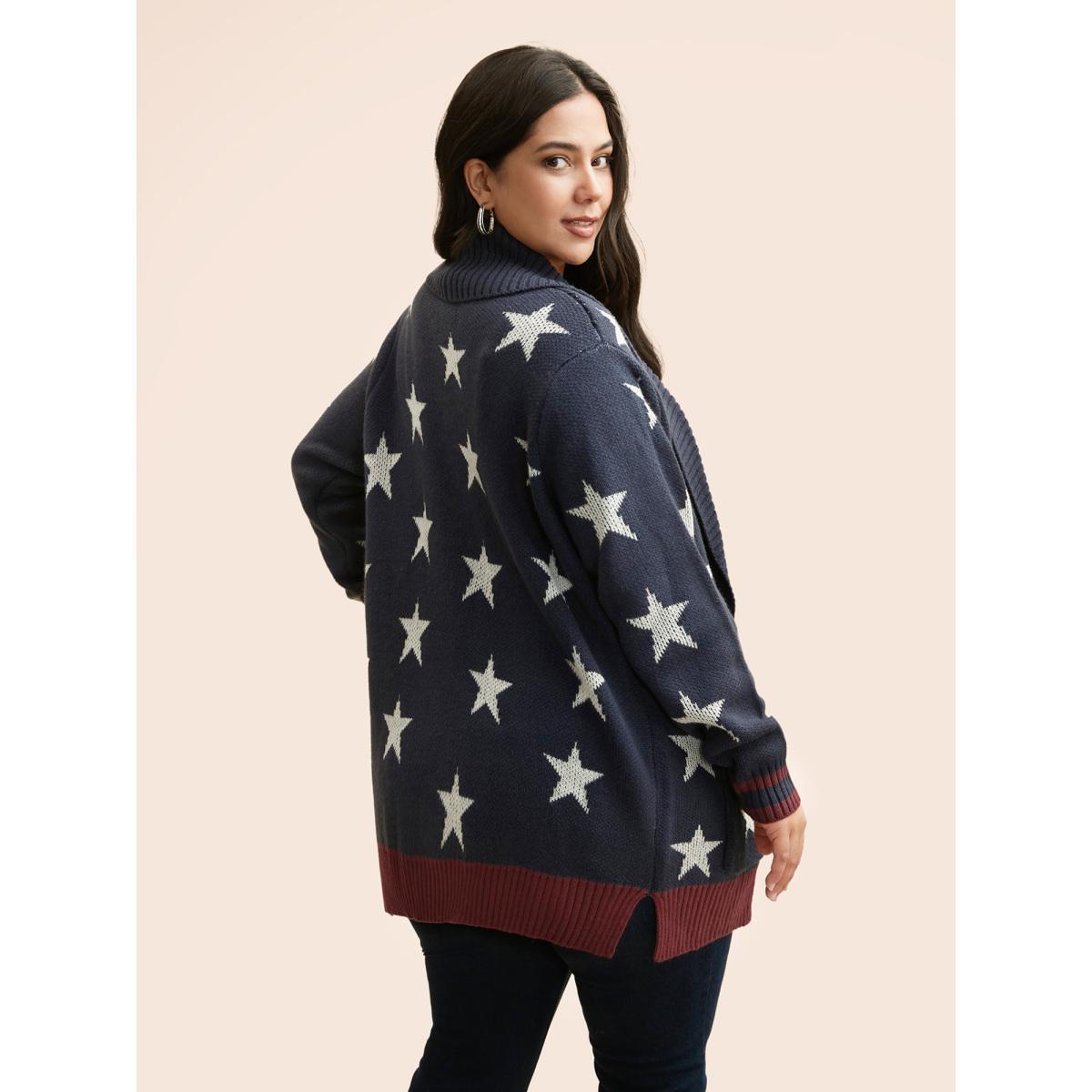 Plus Size Star Contrast Patched Pocket Cardigan Indigo Women Casual Loose Long Sleeve Everyday Cardigans BloomChic 30/6X Product Image